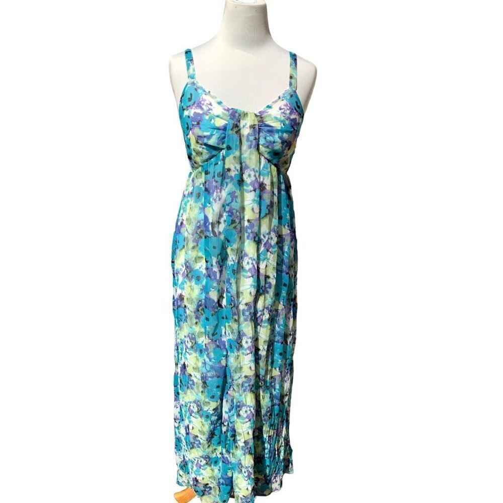 VASNA DESIRE LADIES BLUE MULTI COLORED MAXI DRESS FLOWY LINED SIZE SMALL
